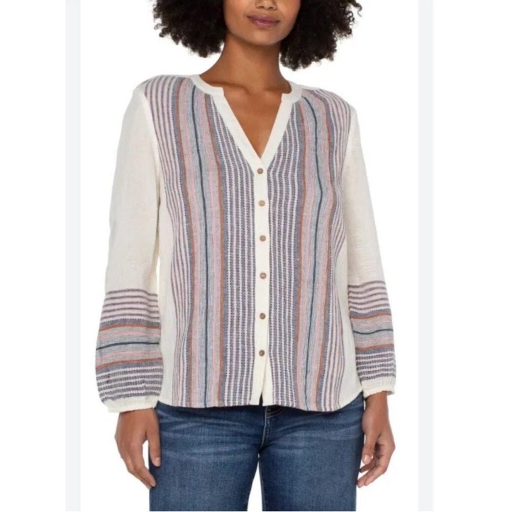 Liverpool Button Front Shirred Blouse Women’s XL Boho Colorful Hippie Vibes